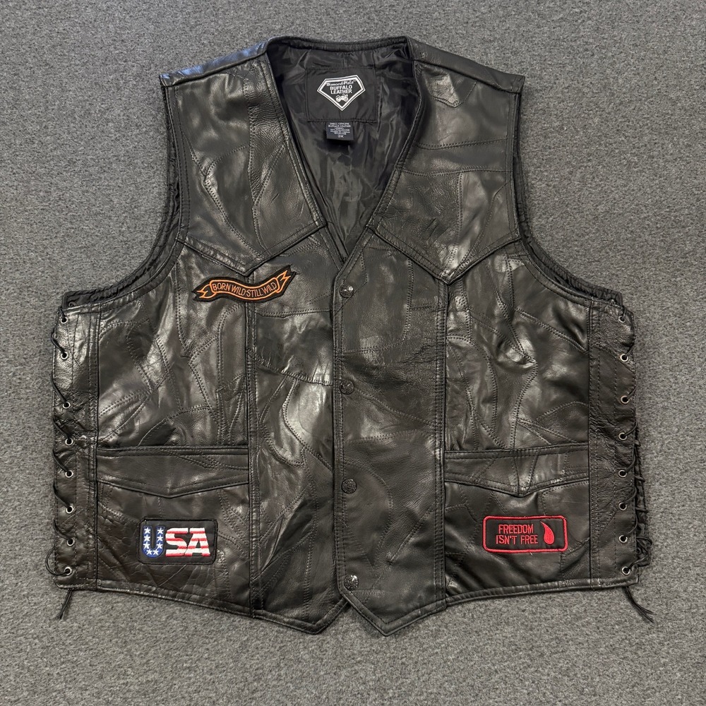 Modern Diamond Plate Buffalo Leather Vest Mens 3X Black Patchwork Biker Patches